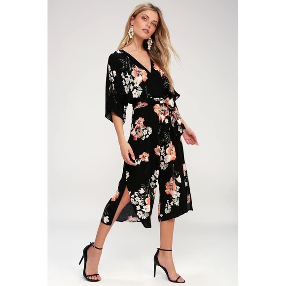 Lulus Staying Cool Black Floral Crinkle Print Culotte Side Slits Jumpsuit S - Picture 1 of 8